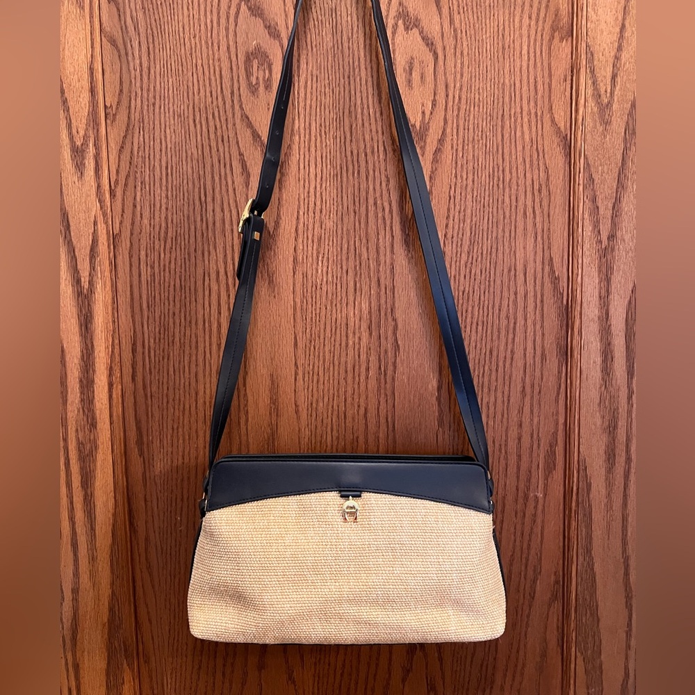 80’s Vintage Etienne Aigner Tan Woven Jute and Navy Blue Leather Bag